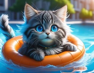 プールで浮き輪につかまり泳ぐ猫