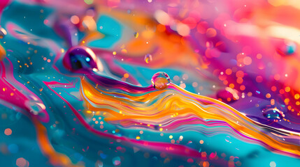 Bright color splash. Shiny paint. Fluid art. Mixed vivid yellow turquoise purple red oil droplets rotating on water surface with round glitter