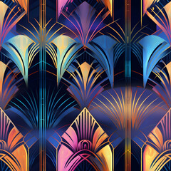 Vibrant Art Deco Seamless Pattern, Colorful Fan Motifs, Modern Design