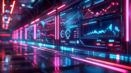 Virtual trade fair with holographic displays, futuristic, neon colors, 3D render, vibrant, booths showcasing economic data and trends