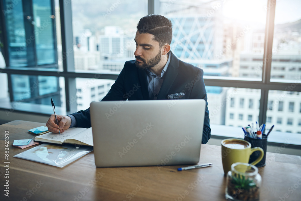 Poster laptop, notebook and businessman in office for planning, company review and financial analytics. cor