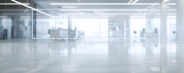 A holographic display projecting a business closure notice due to bankruptcy hovers over an empty, modern office space. The image captures the essence of economic uncertainty in the future, with