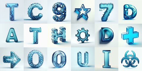 Blue transparent glass 3D Lettering Typeface. AI generated illustration