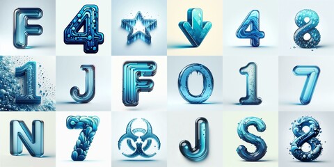 Blue transparent glass 3D Lettering Typeface. AI generated illustration