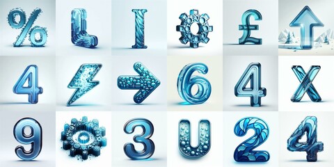 Blue transparent glass 3D Lettering Typeface. AI generated illustration