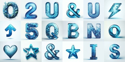 Blue transparent glass 3D Lettering Typeface. AI generated illustration