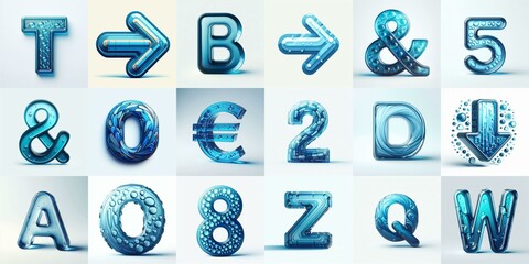 Blue transparent glass 3D Lettering Typeface. AI generated illustration