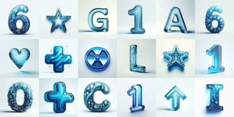 Blue transparent glass 3D Lettering Typeface. AI generated illustration