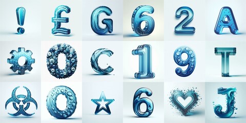 Blue transparent glass 3D Lettering Typeface. AI generated illustration