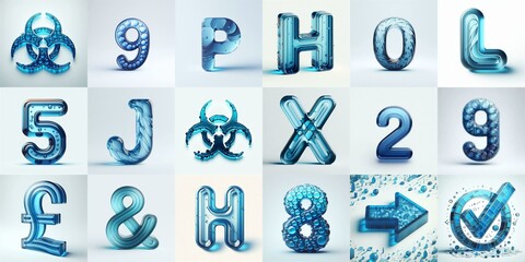 Blue transparent glass 3D Lettering Typeface. AI generated illustration