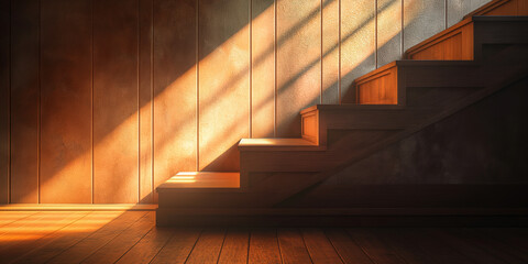Obraz premium Sunlit Wooden Staircase in a Cozy Rustic Interior with Warm Natural Light