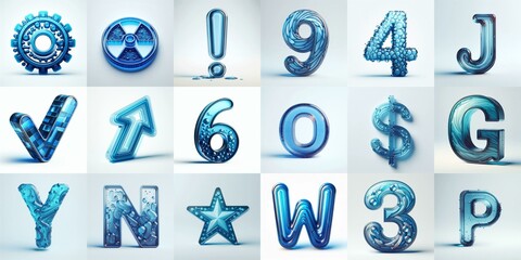 Blue transparent glass 3D Lettering Typeface. AI generated illustration