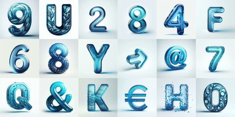 Blue transparent glass 3D Lettering Typeface. AI generated illustration