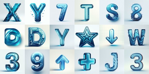 Blue transparent glass 3D Lettering Typeface. AI generated illustration