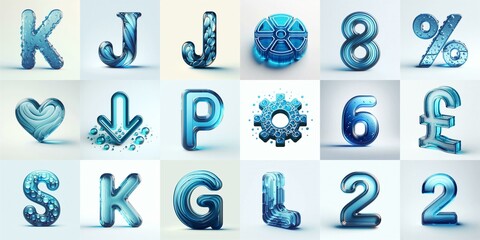 Blue transparent glass 3D Lettering Typeface. AI generated illustration