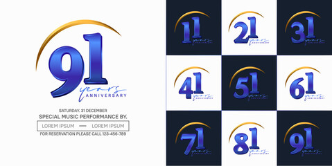 anniversary logotype set vector, blue and golden color with swoosh for special day celebration