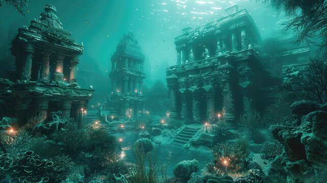 Ancient ruins submerged underwater illuminated by mysterious lights, surrounded by aquatic plants and sea creatures.
