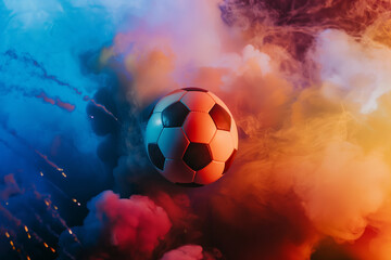 Naklejka premium Dynamic Soccer Ball Amidst Colorful Smoke and Light Effects
