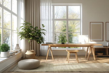 Modern Minimalist Home Office with Natural Light and Indoor Plant Decor