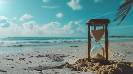 Hourglass on sand beach at sunset. Sand passing through glass bulbs