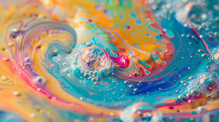 Colorful vibrant swirl. Sparkling paint. Fluid art. Mixed vivid pink blue green orange soap bubbles twirling on water surface with round shimmer