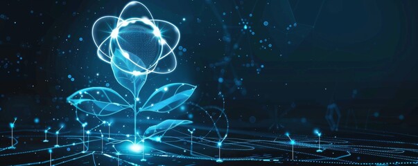 Abstract digital plant with glowing particles and atomic structure in futuristic blue background