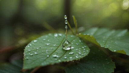 a green leaf, surrounded by smaller water droplets.