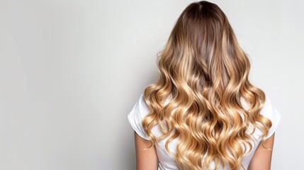 Obraz premium Elegant woman with long curly blonde hair, viewed from the back. Perfect for showcasing hair care and styling products. Ideal for beauty blogs and marketing campaigns. AI