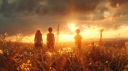 Fototapeta premium Silhouette Back View: Refugee Kid Group Playing in Sunset