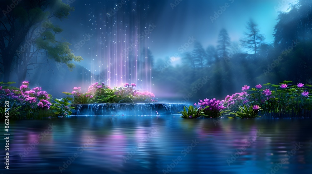 Wall mural A serene lake surrounded by vivid, luminescent plants with a glowing light descending from the sky, reflecting off the water's surface. List of Art Media, Fantasy vibrant ethereal colorful approach