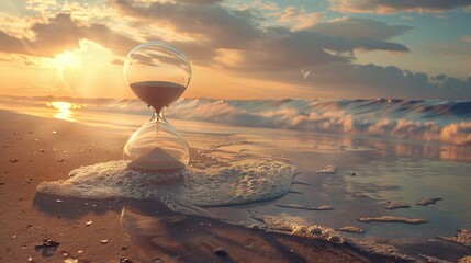 Hourglass on sand beach at sunset. Sand passing through glass bulbs
