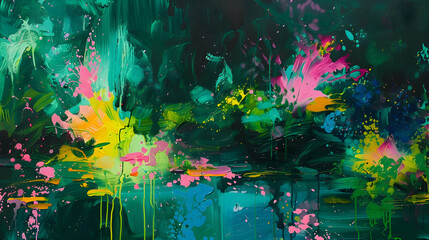 Contemporary artwork with bold colors against a deep emerald green background, where saffron yellow, cerise pink, and forest green splashes blend in a lush pool