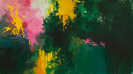 Contemporary artwork with bold colors against a deep emerald green background, where saffron yellow, cerise pink, and forest green splashes blend in a lush pool