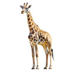 Obraz premium A beautiful giraffe standing tall with its characteristic long neck and unique spotted pattern isolated on transparency background, PNG cut out. Perfect for wildlife and nature-themed projects.