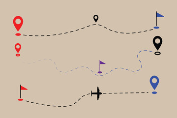 Airplane line path route travel vector concept. Travel route icon.