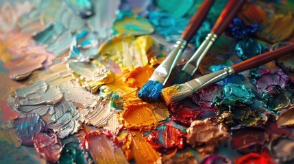 A vibrant paint palette with various colors and brushes, showcasing creativity and artistic expression.
