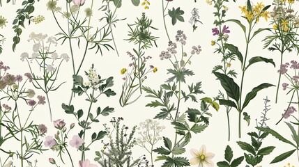 Art print with vintage botanical illustrations of wildflowers and herbs, in a pastel color palette, seamless pattern design for wallpaper or fabric