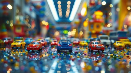 A collection of colorful toy cars lined up on a shiny surface in a toy store, surrounded by other vibrant toys and decorations.