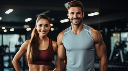 A fit and smiling couple in sportswear posing at the gym, conveying health, fitness, and motivation in a modern workout environment.