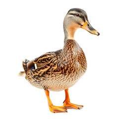 Close-up of a beautiful mallard duck standing with detailed feathers and bright colors isolated on transparency background, PNG cut out, .