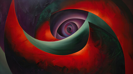 Contemporary creation presenting a bold abstract shape in red and green tones, with graceful curves and a deep purple core