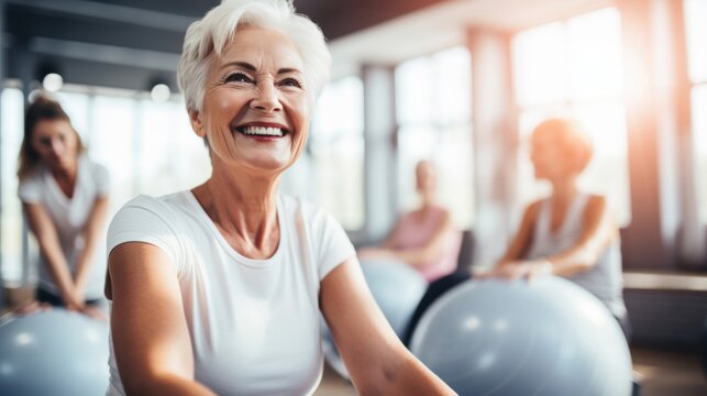 A senior woman smiles while participating in a fitness class with exercise balls in a bright, modern gym.