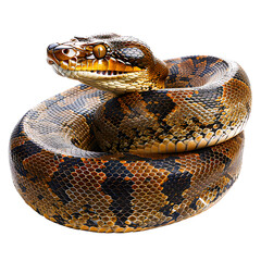 Obraz premium High-resolution image of a coiled snake showcasing detailed scales and striking patterns isolated on transparency background, PNG cut out, perfect for nature and wildlife themes.