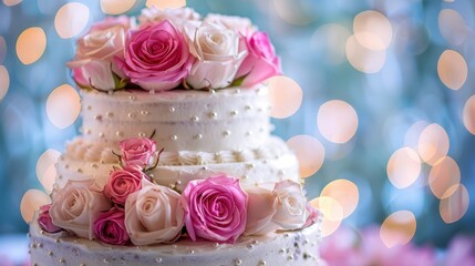 A beautifully decorated wedding cake adorned with pink and white roses, set against a bokeh backdrop, perfect for celebrations.