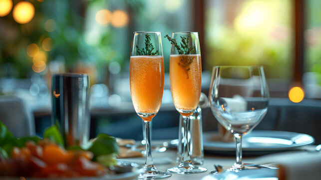Two glasses of champagne on a table with food, perfect for a celebration