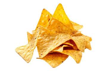 Fototapeta premium Crispy yellow corn tortilla chips isolated on white background, perfect for a Mexican fiesta or party.
