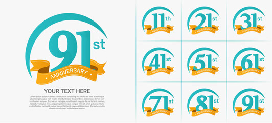 anniversary logotype set vector, blue color with orange ribbon for special day celebration