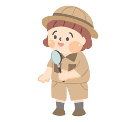 虫眼鏡を持つ探検服を着た女の子のキャラクター