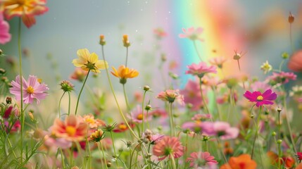 A vibrant field of wildflowers in full bloom with various colors, set against a subtle rainbow in the background.