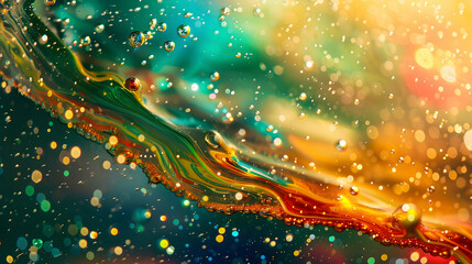 Dynamic abstract dance. Glitter paint. Liquid art. Blended bright green red blue yellow soap bubbles spinning on water with sparkles